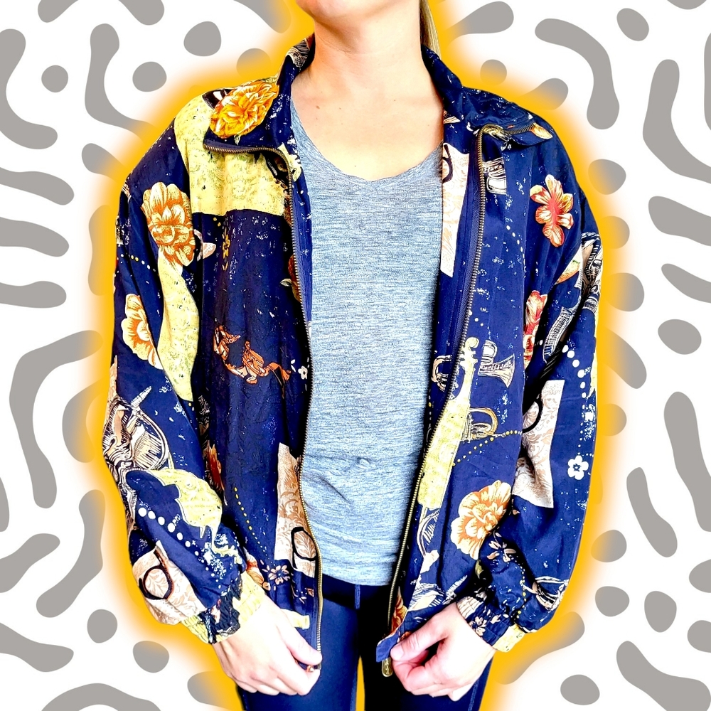 Navy Floral-Print Zip Front Jacket